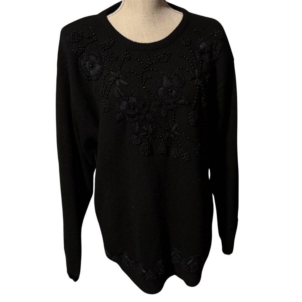 Vintage Paola Conte Beaded Angora Wool Sweater Black Floral Embellished – Size M